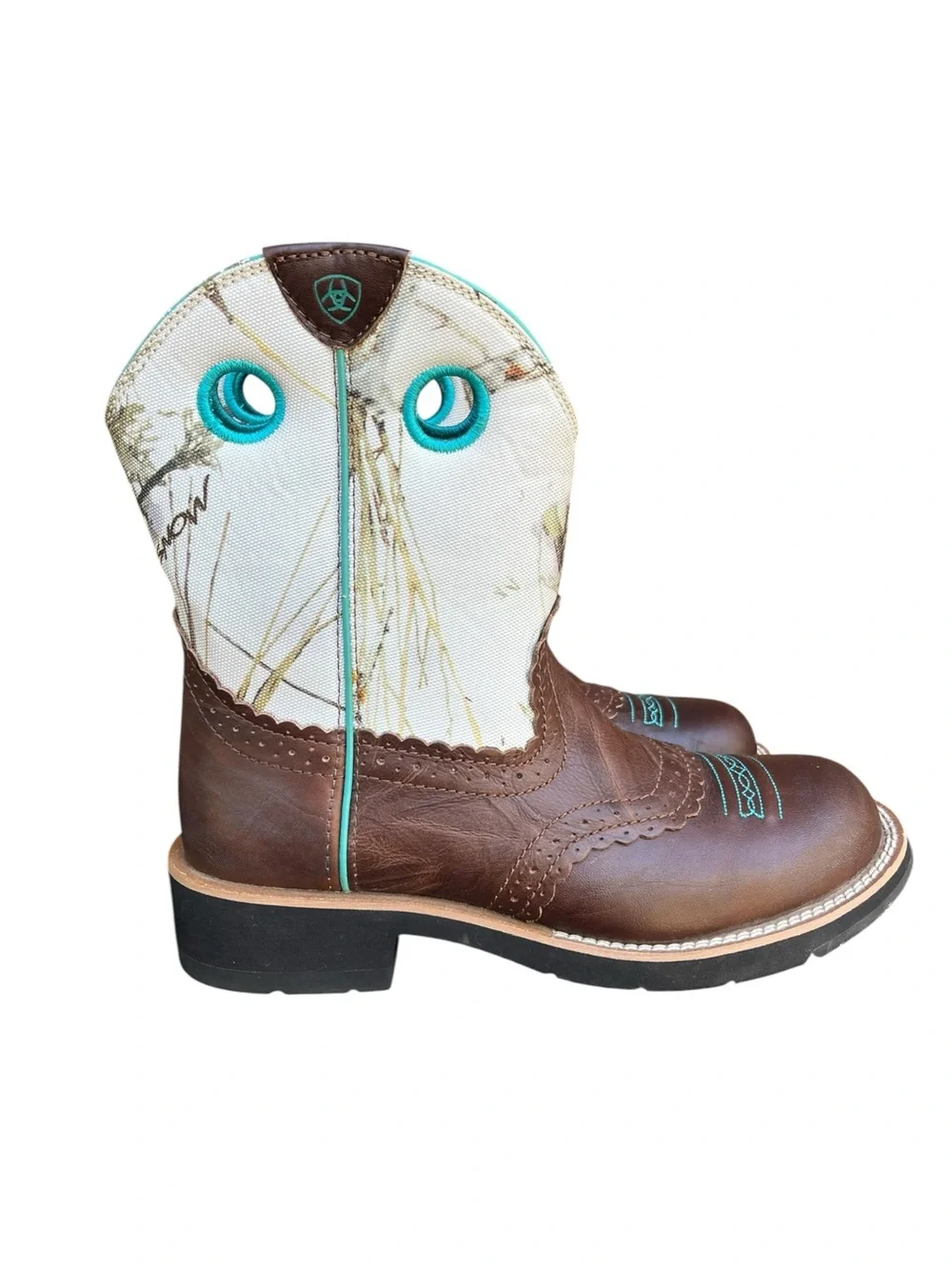 Ariat Fatbaby Realtree Camo Brown Teal Leather Western Cowboy Boots Womens 7.5 - Picture 3 of 13